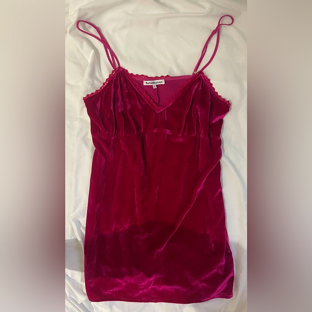 REFORMATION VELVET PINK MINI DRESS